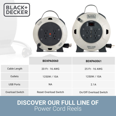 BLACK+DECKER four-outlet extension cord reel ideal for compact spaces.