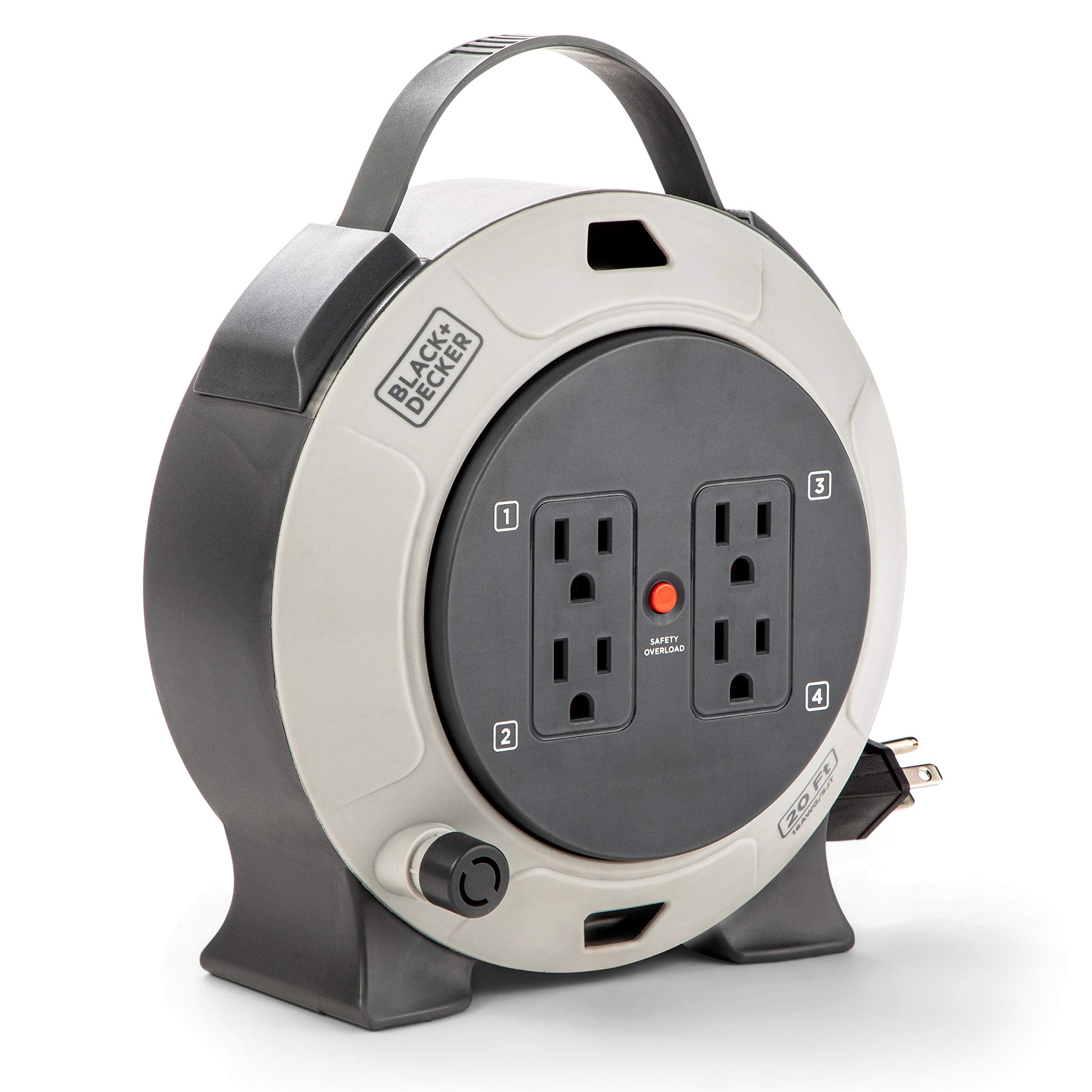 BLACK+DECKER retractable cord reel with 20 ft reach and four outlets for home use.