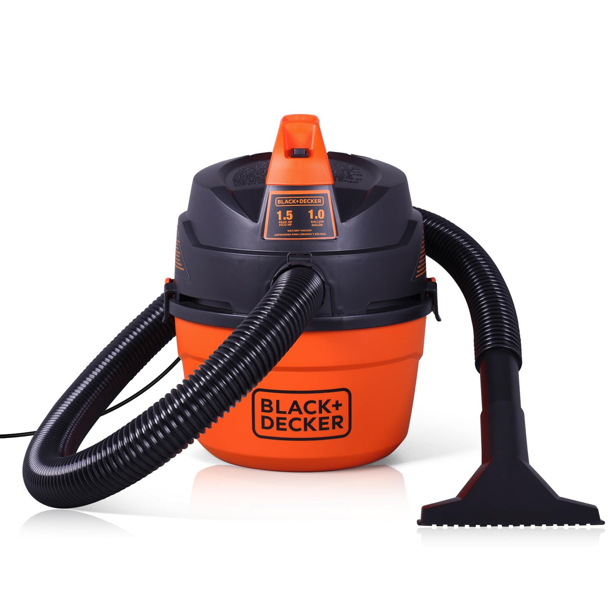 BLACK+DECKER shop vac 1 gal front view for easy portability and quick cleanup.