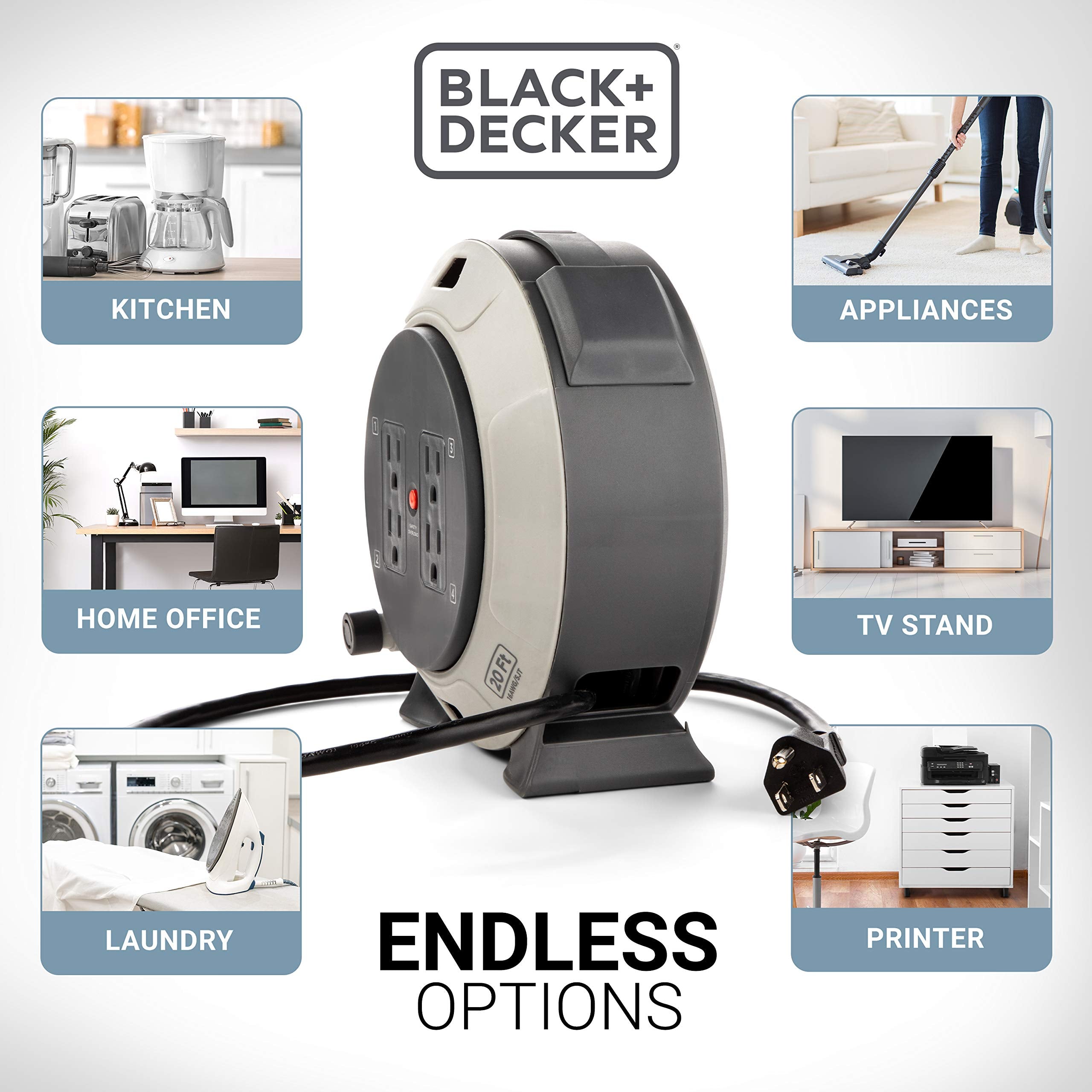 BLACK+DECKER tangle-free retractor keeps cables neat and ready.