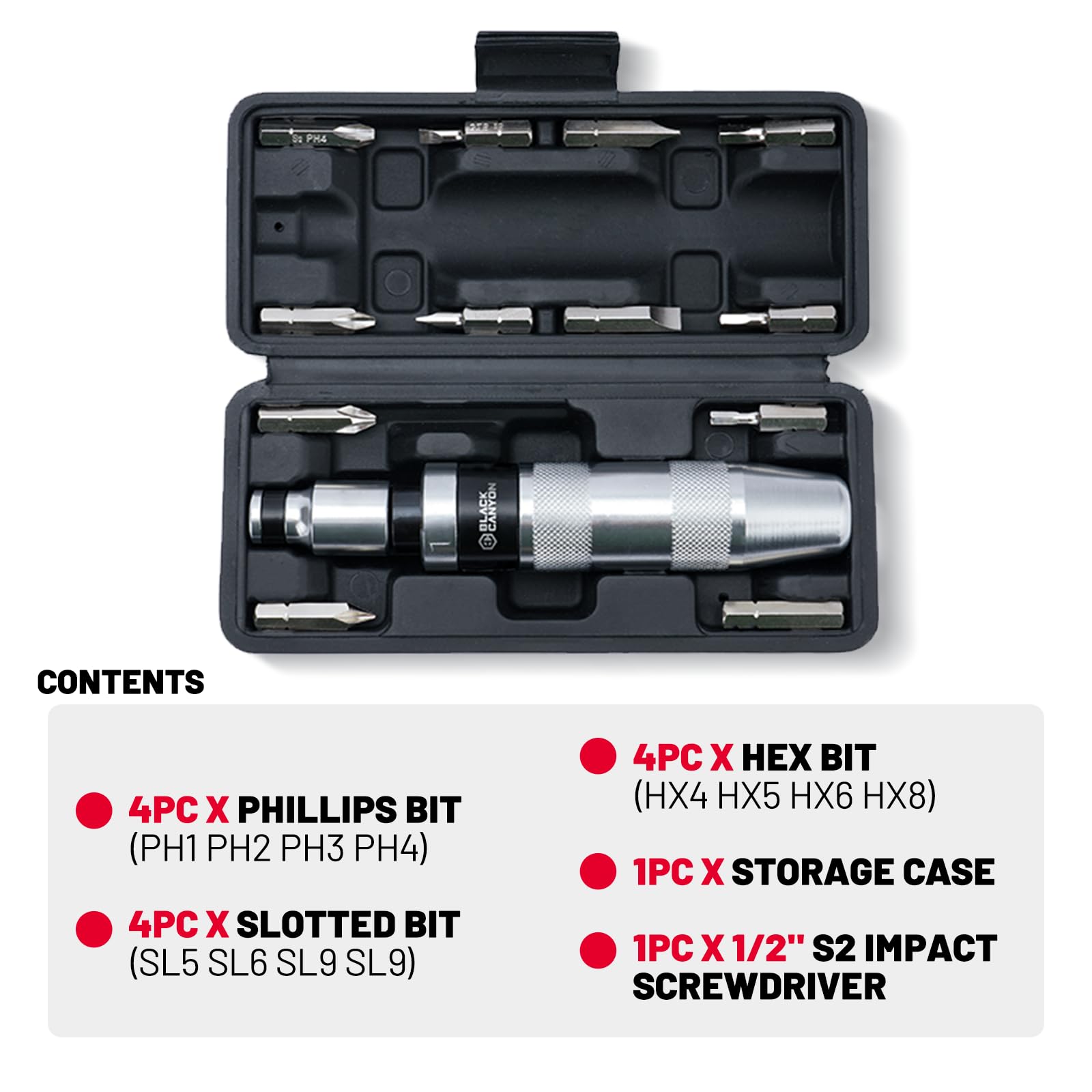 BLACK CANYON twelve-tip bit set expands options for Phillips, slotted, and hex work.