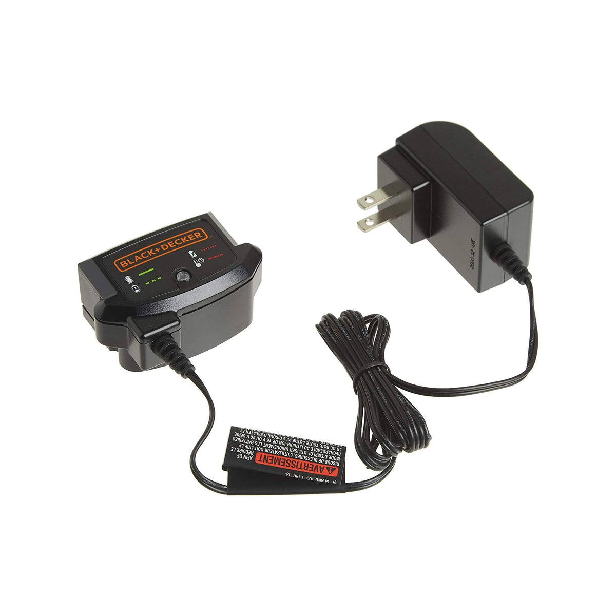 BLACK+DECKER 20V Max charger front view showing a compact, easy-to-store design.