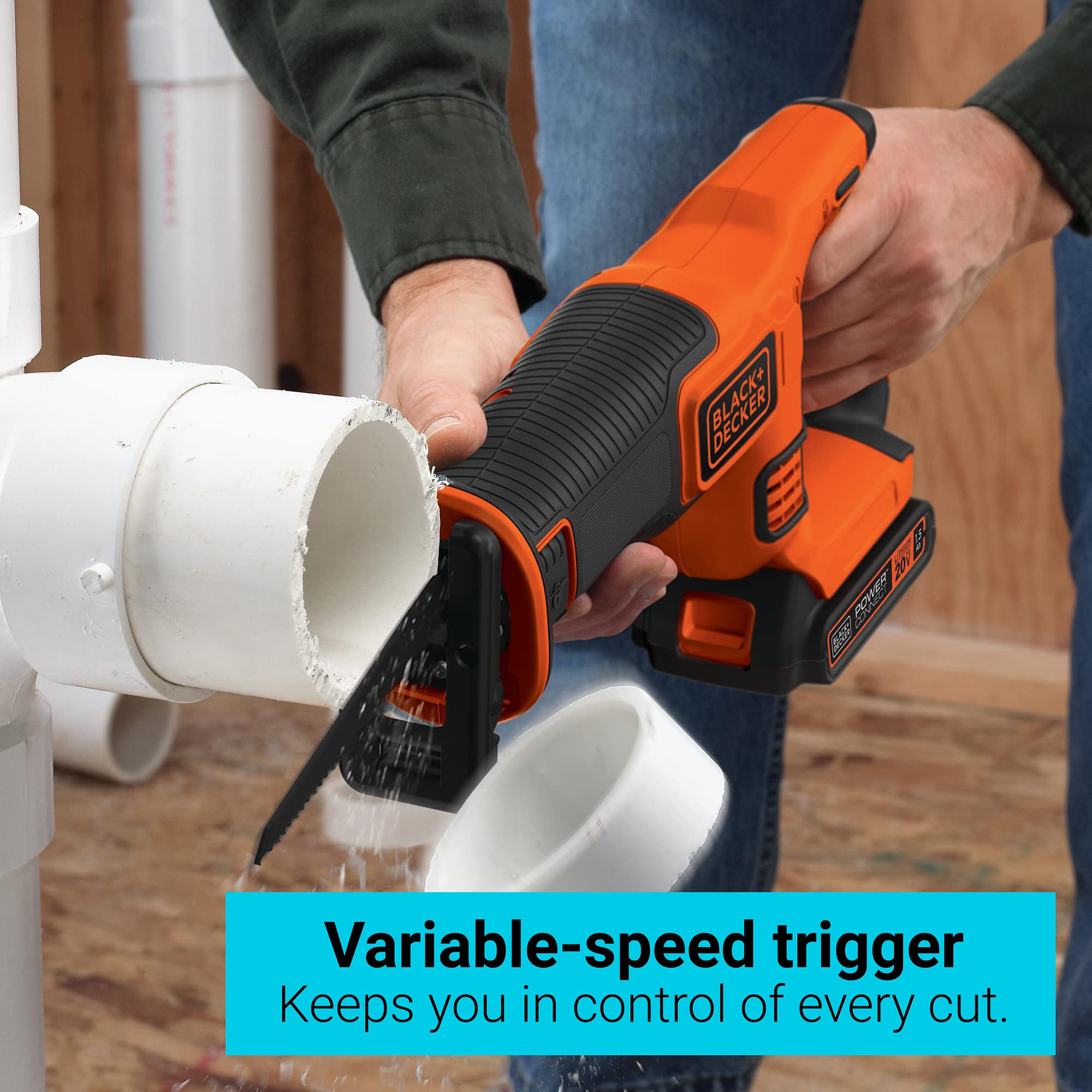 Black+Decker 20V PowerConnect saw with pivoting shoe for controlled angles