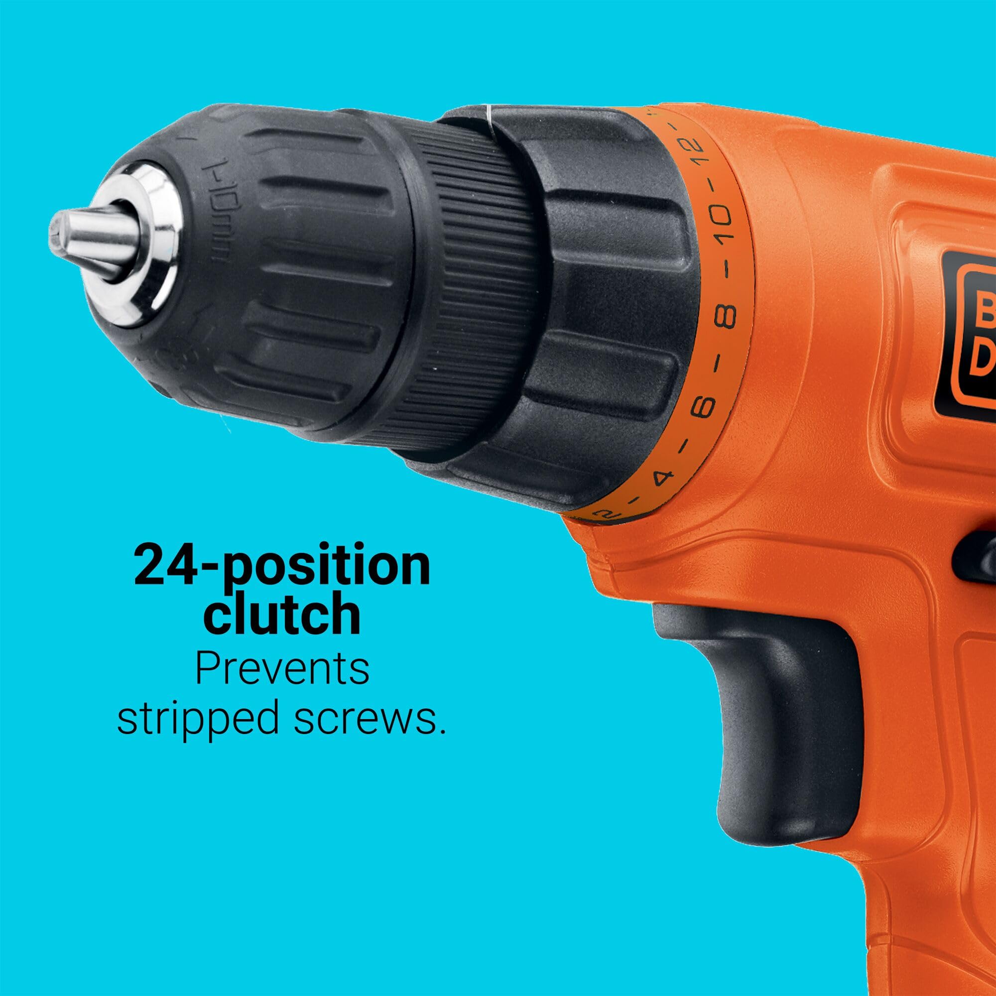 BLACK+DECKER 24-position clutch closeup ensures precise screw control.