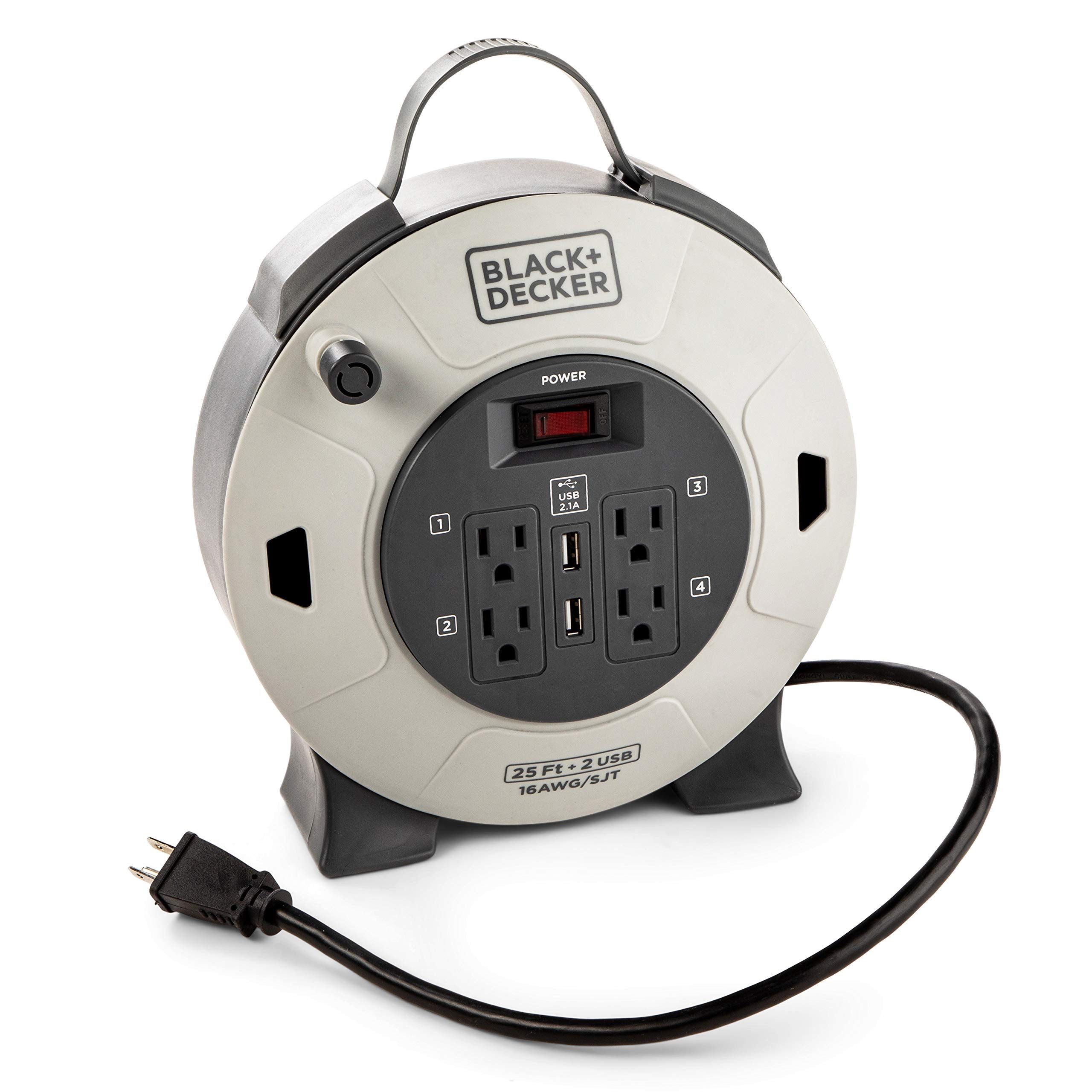 BLACK+DECKER 25ft retractable extension reel with four outlets for versatile room power.