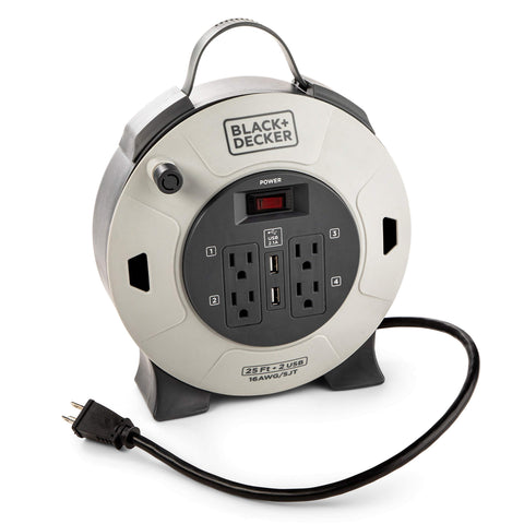 BLACK+DECKER 25ft retractable extension reel with four outlets for versatile room power.