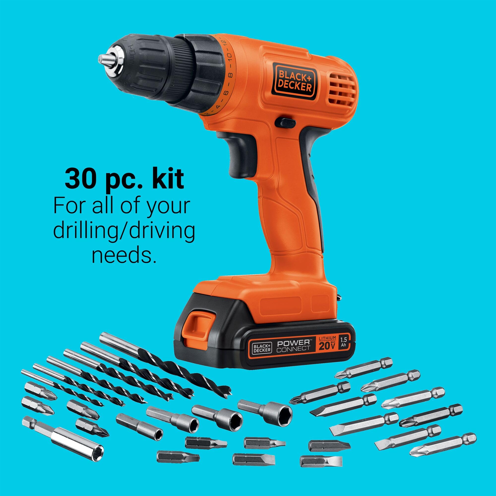 BLACK+DECKER 30-piece bit set in kit for versatile tasks.