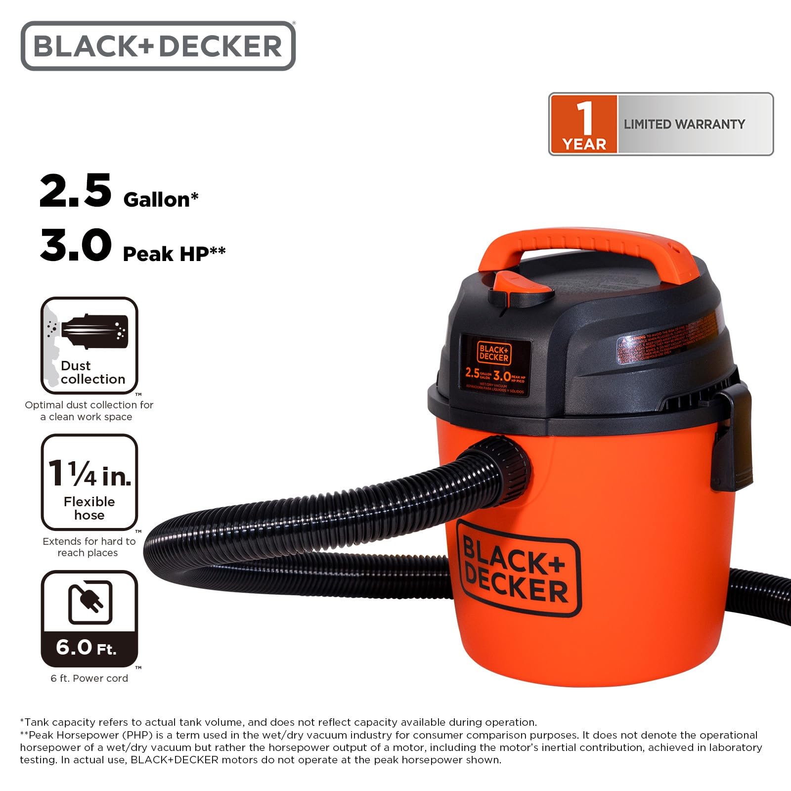 Black+Decker BDXV18134PA 3 Peak HP motor delivers strong suction