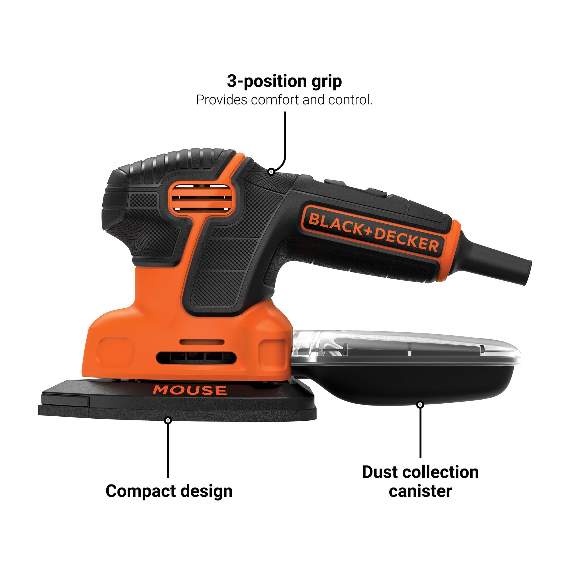 BLACK+DECKER Detail Sander dust-sealed switch protects components during busy projects.