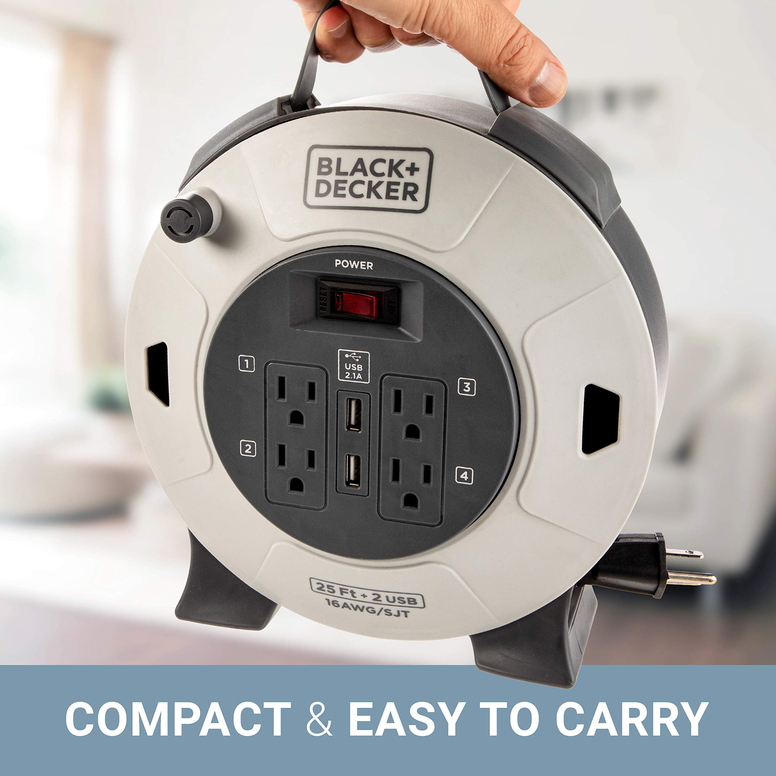 BLACK+DECKER retractable cord winder for tidy storage.