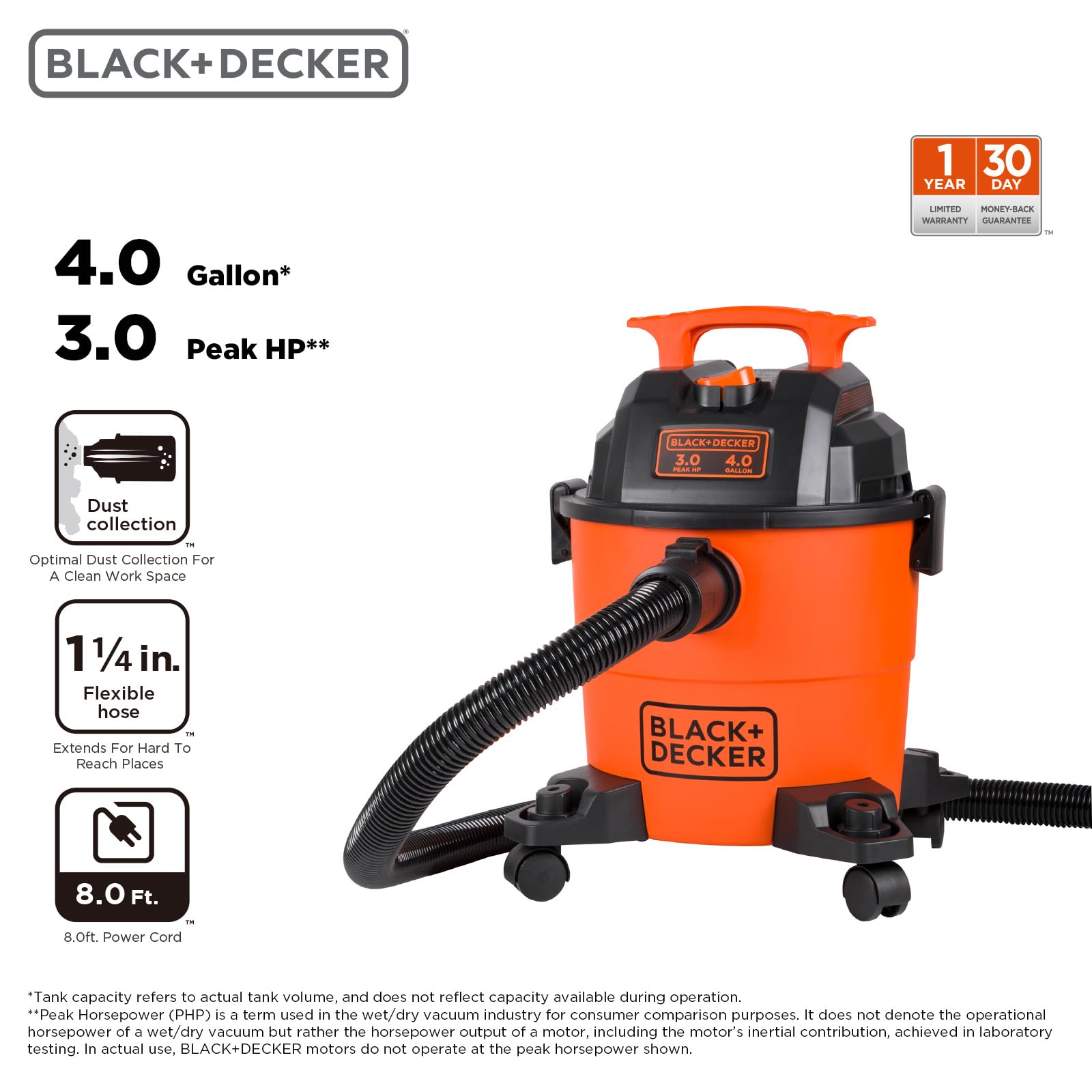 BLACK+DECKER 4-gallon tank suitable for wet and dry messes