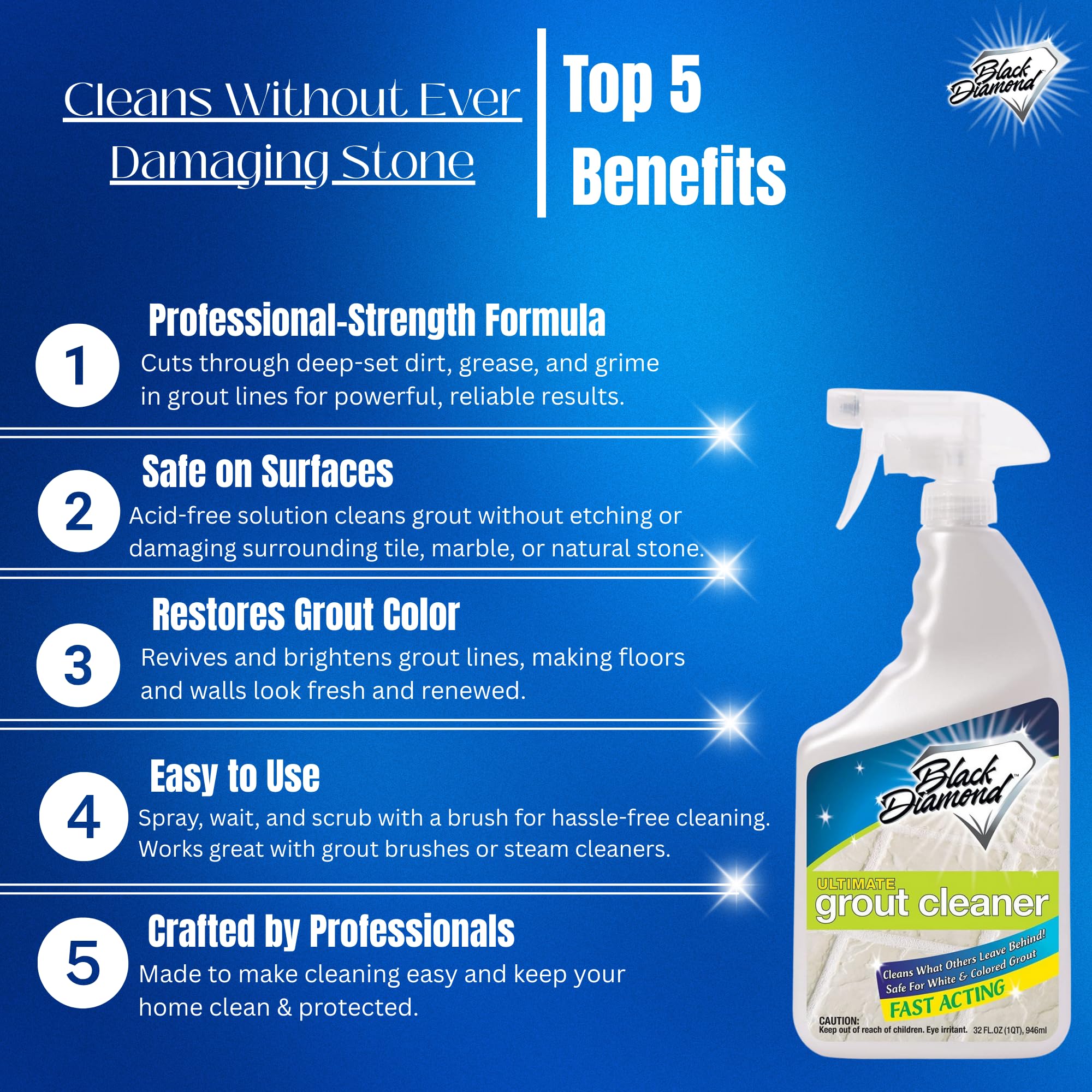 Black Diamond Ultimate Grout Cleaner spray-application covers large areas on grout