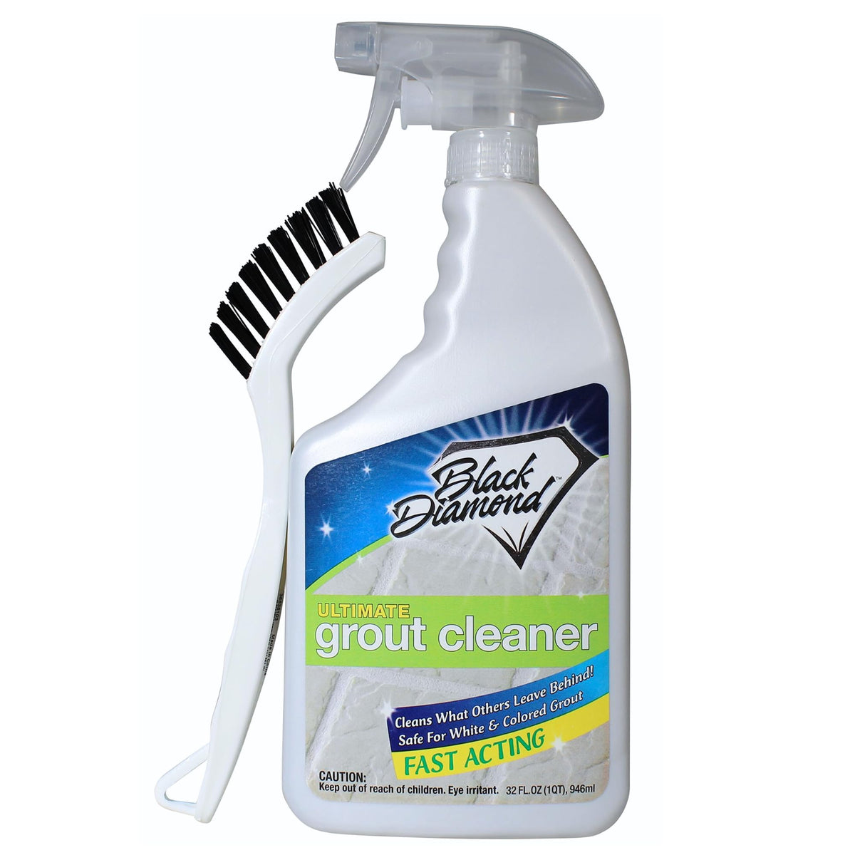 Black Diamond Ultimate Grout Cleaner shown on tiled floor with grout brush for deep cleaning
