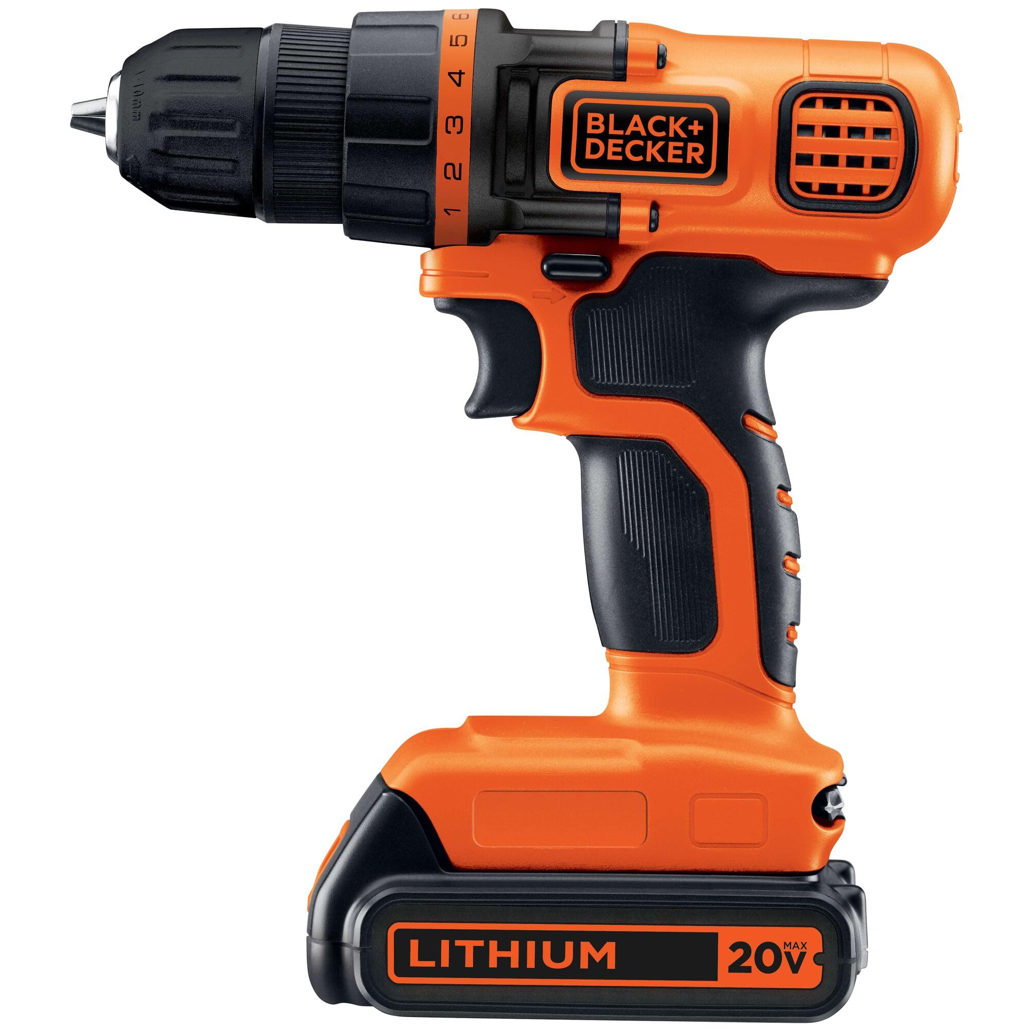 BLACK+DECKER 20V max drill with LED light for precise work in dim spaces.