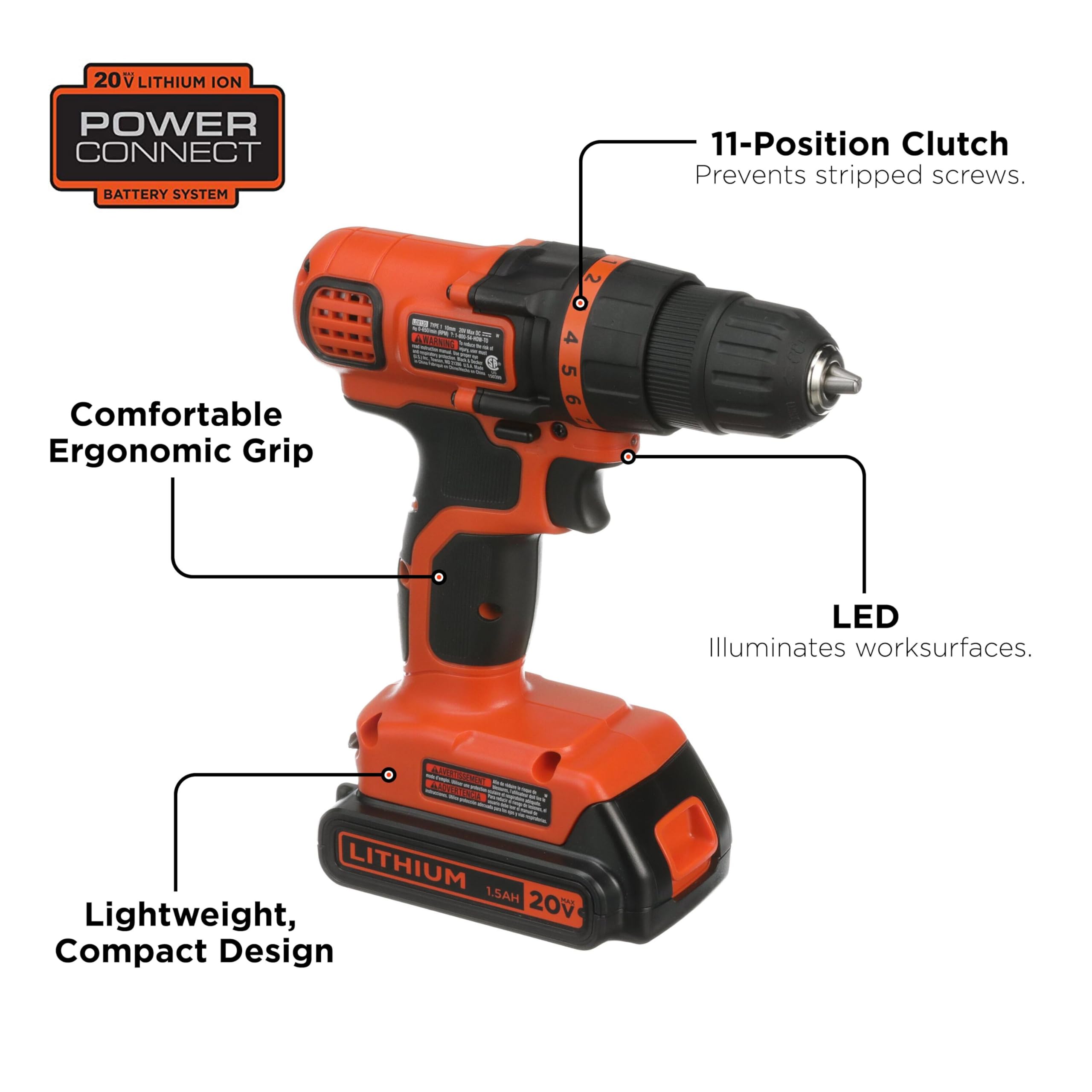 BLACK+DECKER variable speed control for precise drilling.
