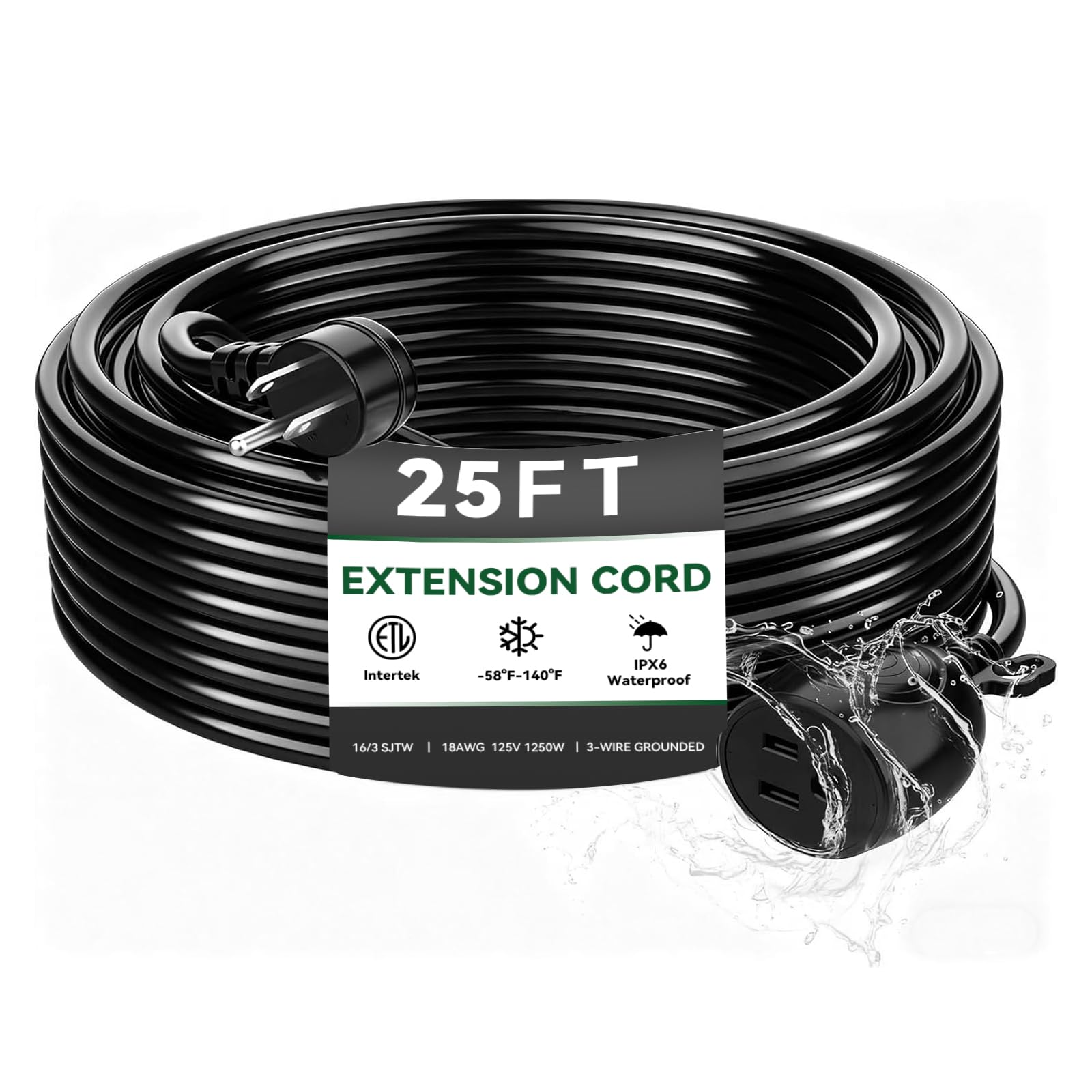 Blackcow 25 ft outdoor extension cord, waterproof for rain and snow use.