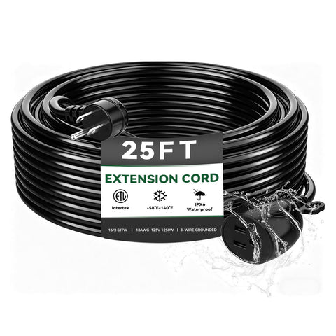 Blackcow 25 ft outdoor extension cord, waterproof for rain and snow use.