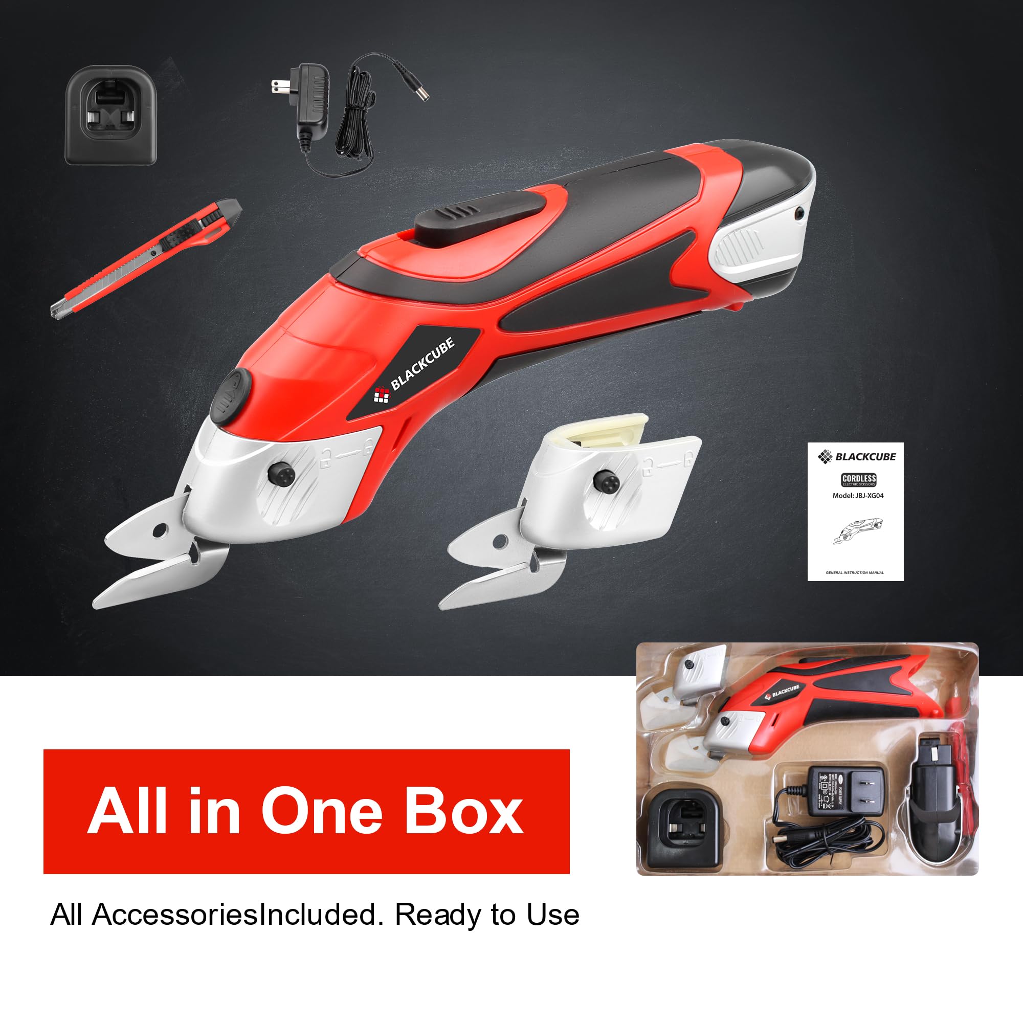 BLACKCUBE cordless electric scissors demonstrating quick blade swap between blades