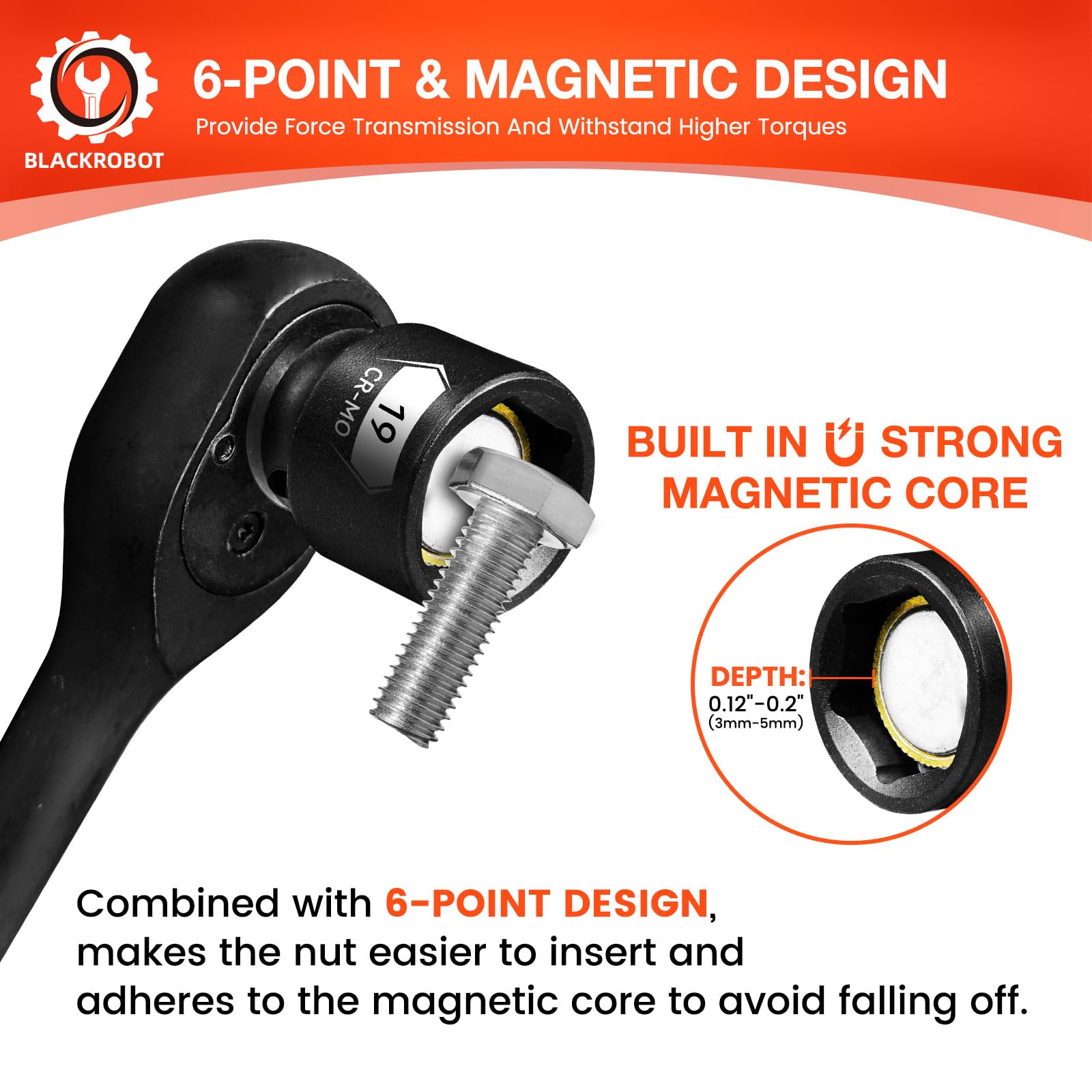 BLACKROBOT 12mm socket with 6-point design for solid torque.