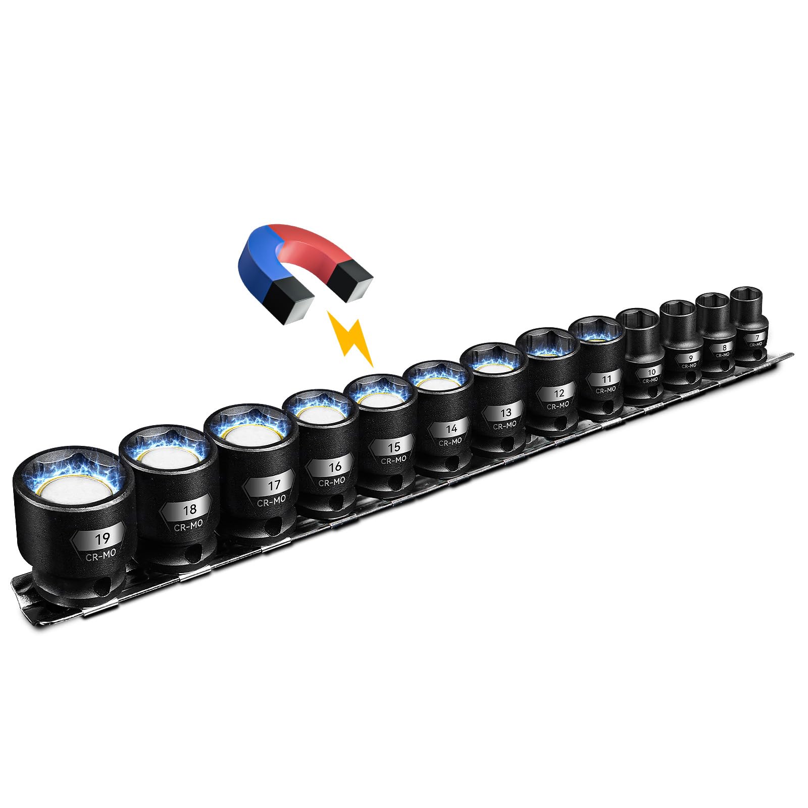 BLACKROBOT 3/8-inch magnetic socket set on rail for quick access.