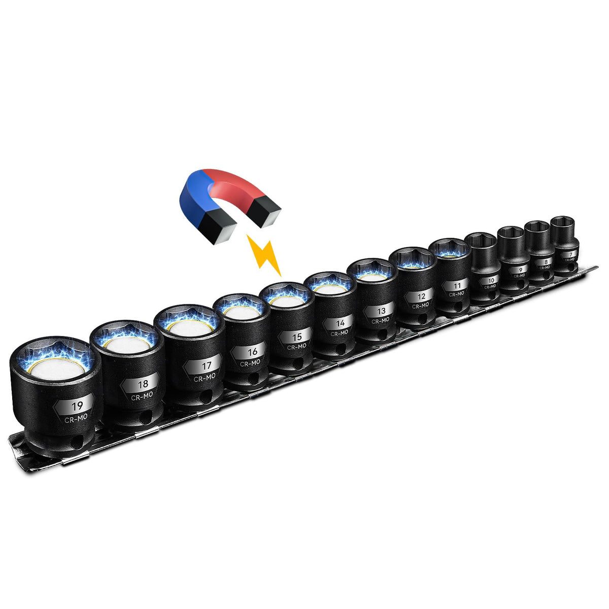 BLACKROBOT 3/8-inch magnetic socket set on rail for quick access.