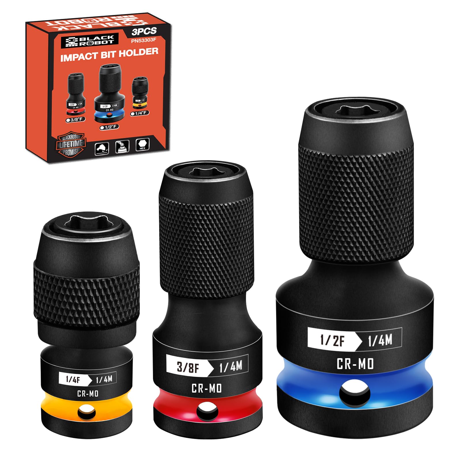 BLACKROBOT quick-release hex-to-square 1-4 adapter enables fast changes.