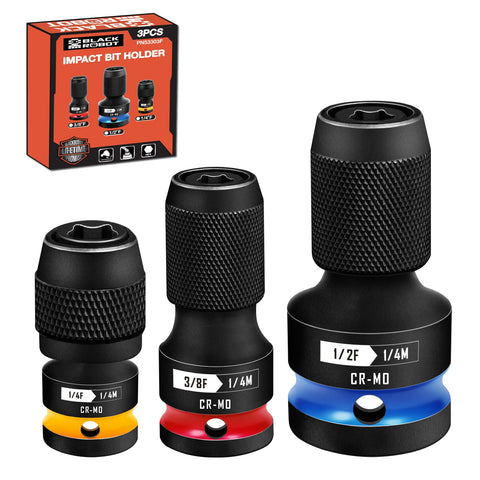 BLACKROBOT quick-release hex-to-square 1-4 adapter enables fast changes.