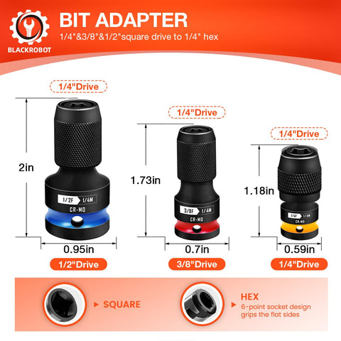 BLACKROBOT quick-release hex-to-square 3-8 adapter for versatile drive sizes.