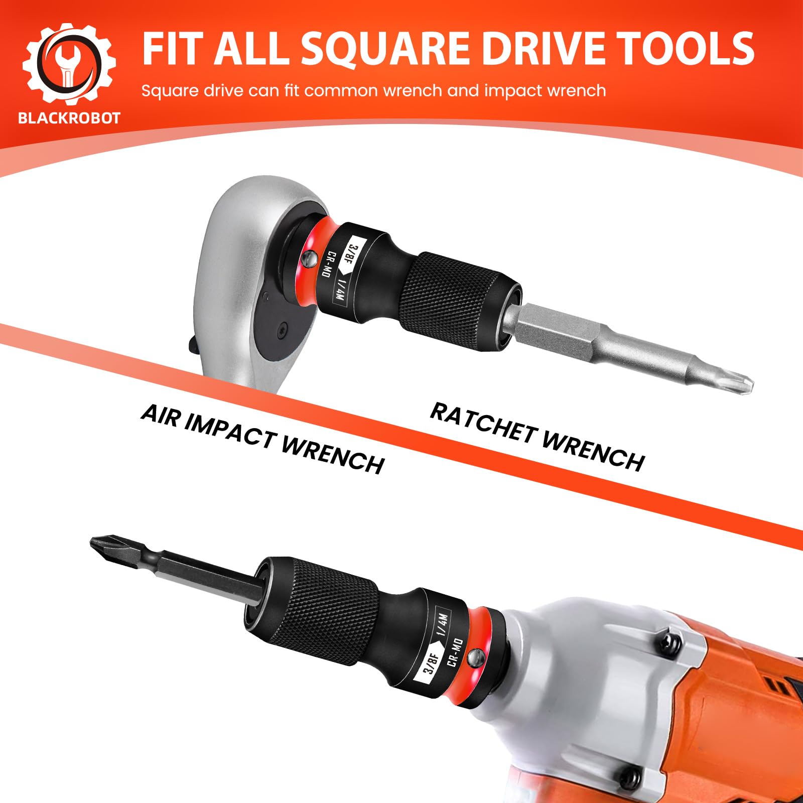 BLACKROBOT adapters illustrate broad tool compatibility across hand and power tools.