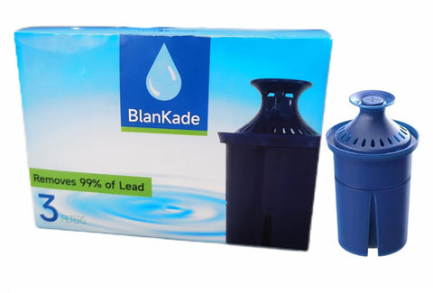 BlanKade Elite water filter with blue cap for quick replacement and fresh-tasting water.