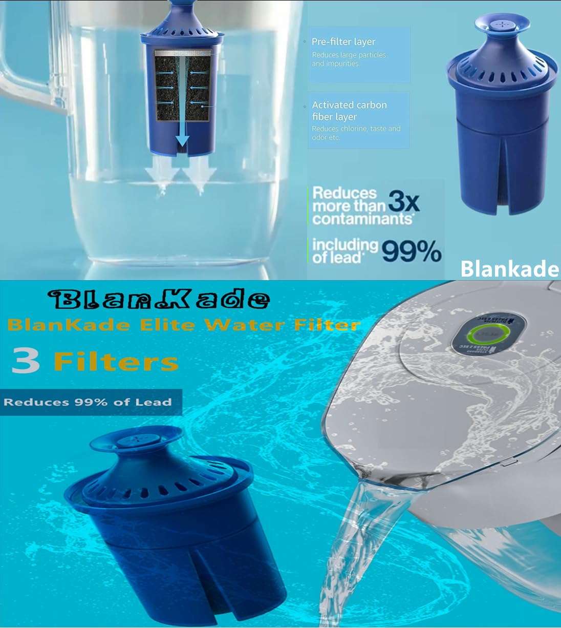 BlanKade Elite water filter quick installation fits most pitchers and dispensers.
