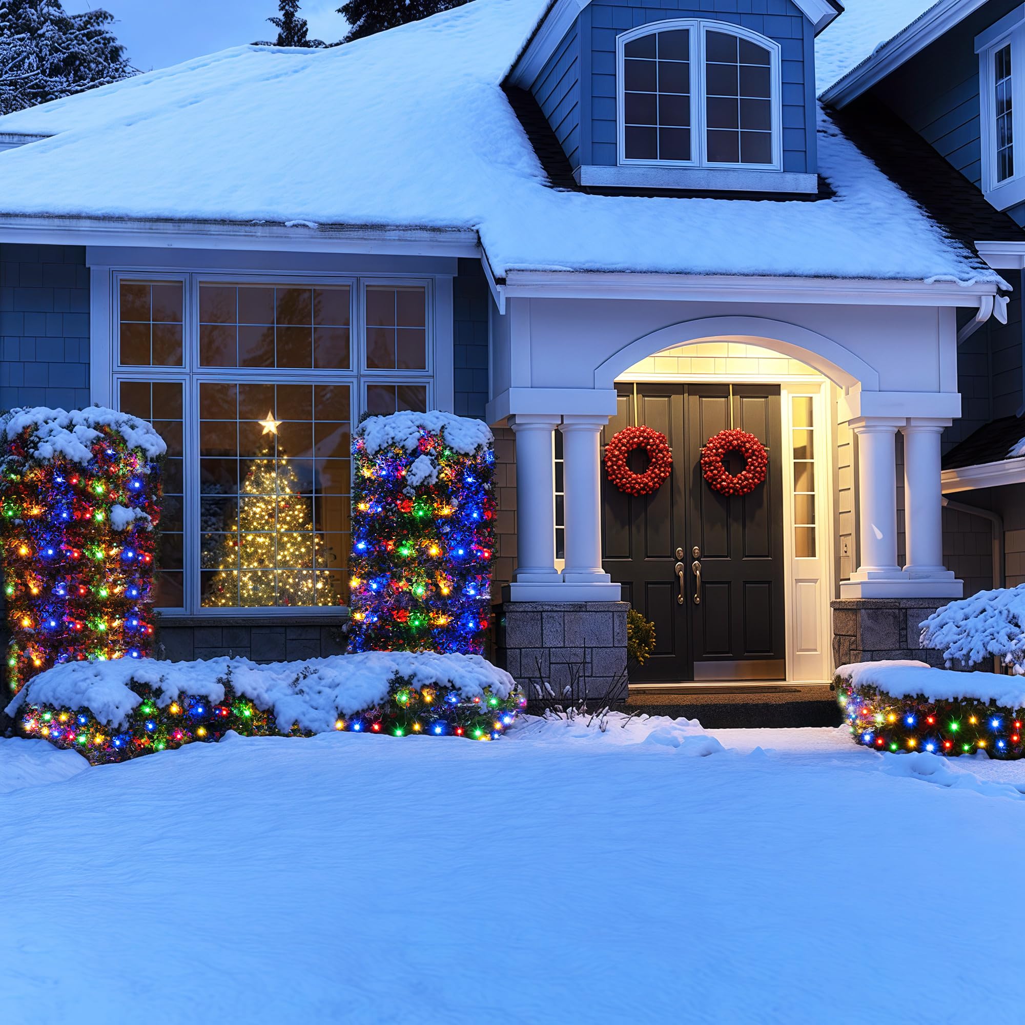 BlcTec multicolor net lights on a tree with safe, low-voltage operation.