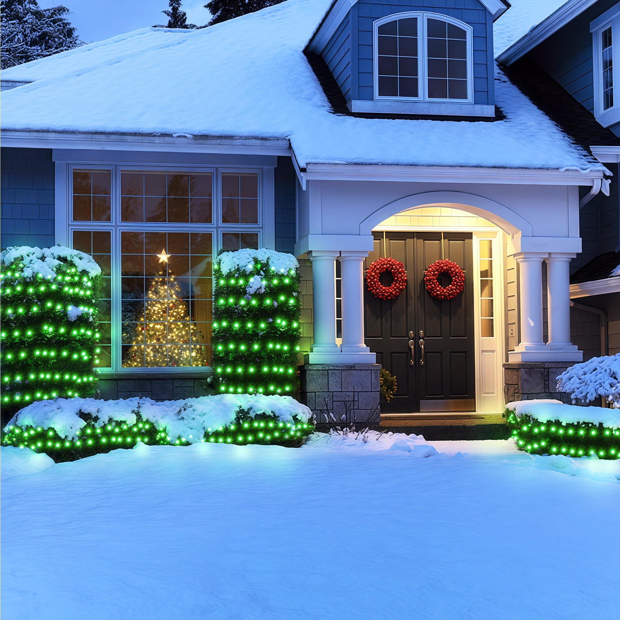 BlcTec net lights draped on shrub create even coverage and festive glow