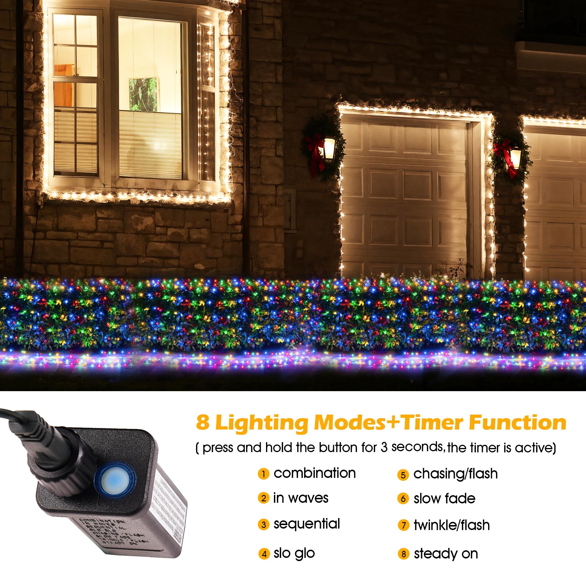 BlcTec net lights draped along a fence for bright seasonal charm.