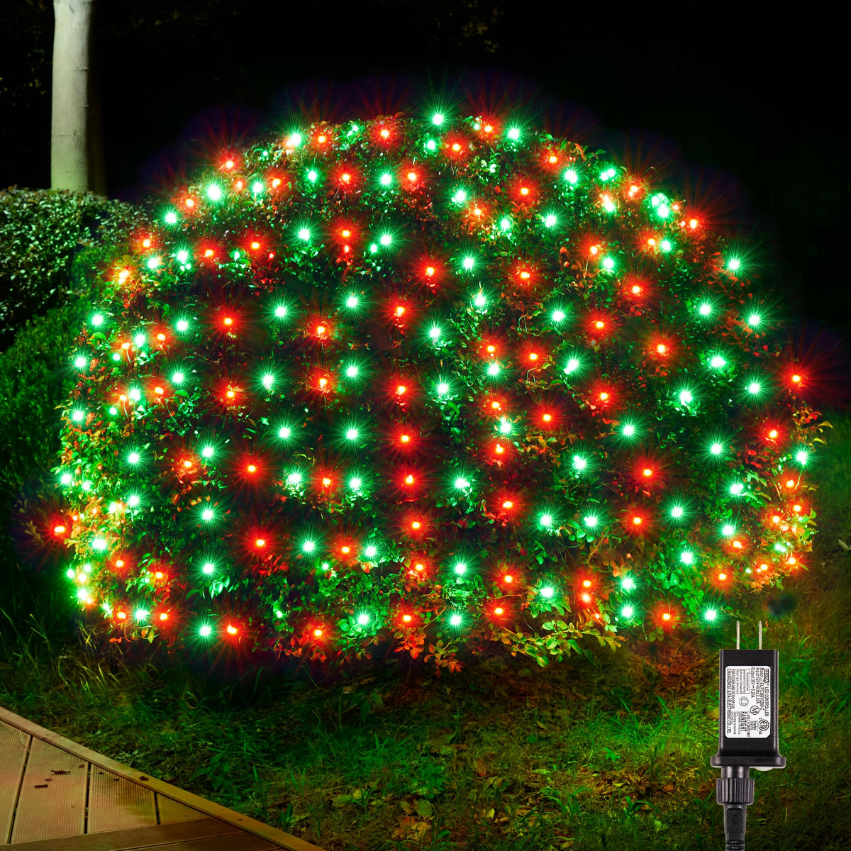 BlcTec outdoor net lights illuminate trees and shrubs with 200 LEDs for festive curb appeal.