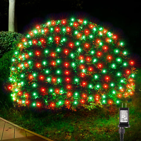 BlcTec outdoor net lights illuminate trees and shrubs with 200 LEDs for festive curb appeal.