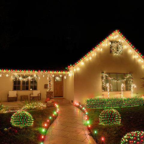 BlcTec yard décor lights create a bright red-green glow for festive occasions.