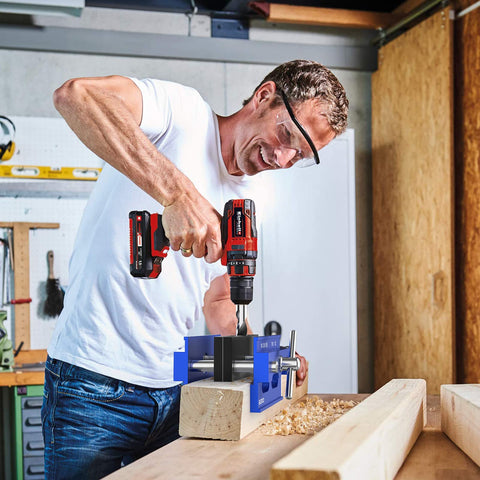 Blekoo blue jig in use with power drill for furniture repair.