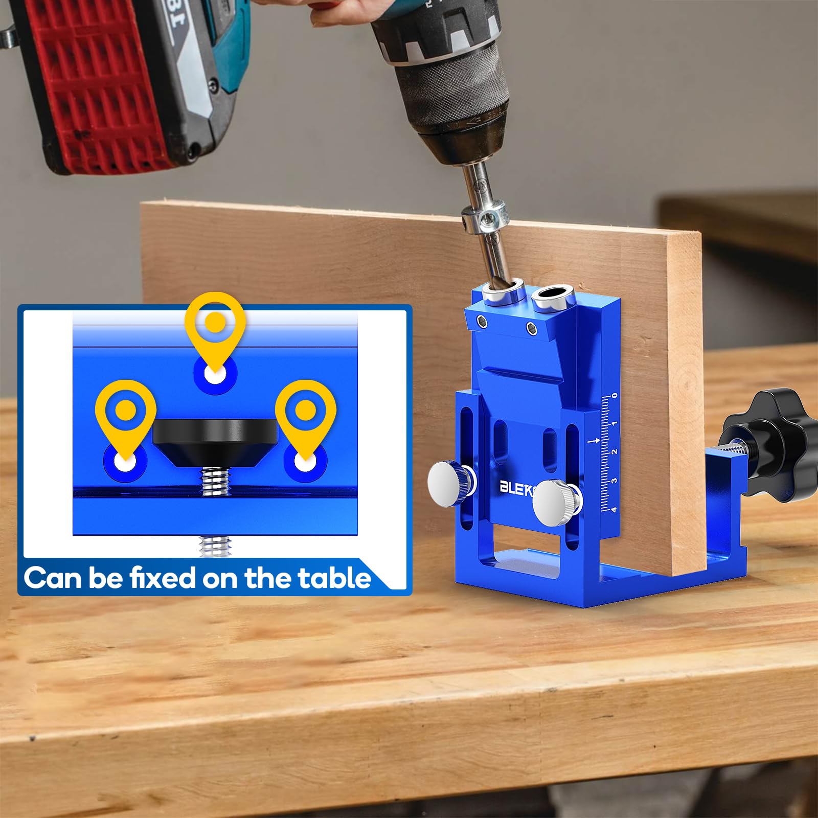 BLEKOO jig features depth-adjustment golden screw for precise drilling depth