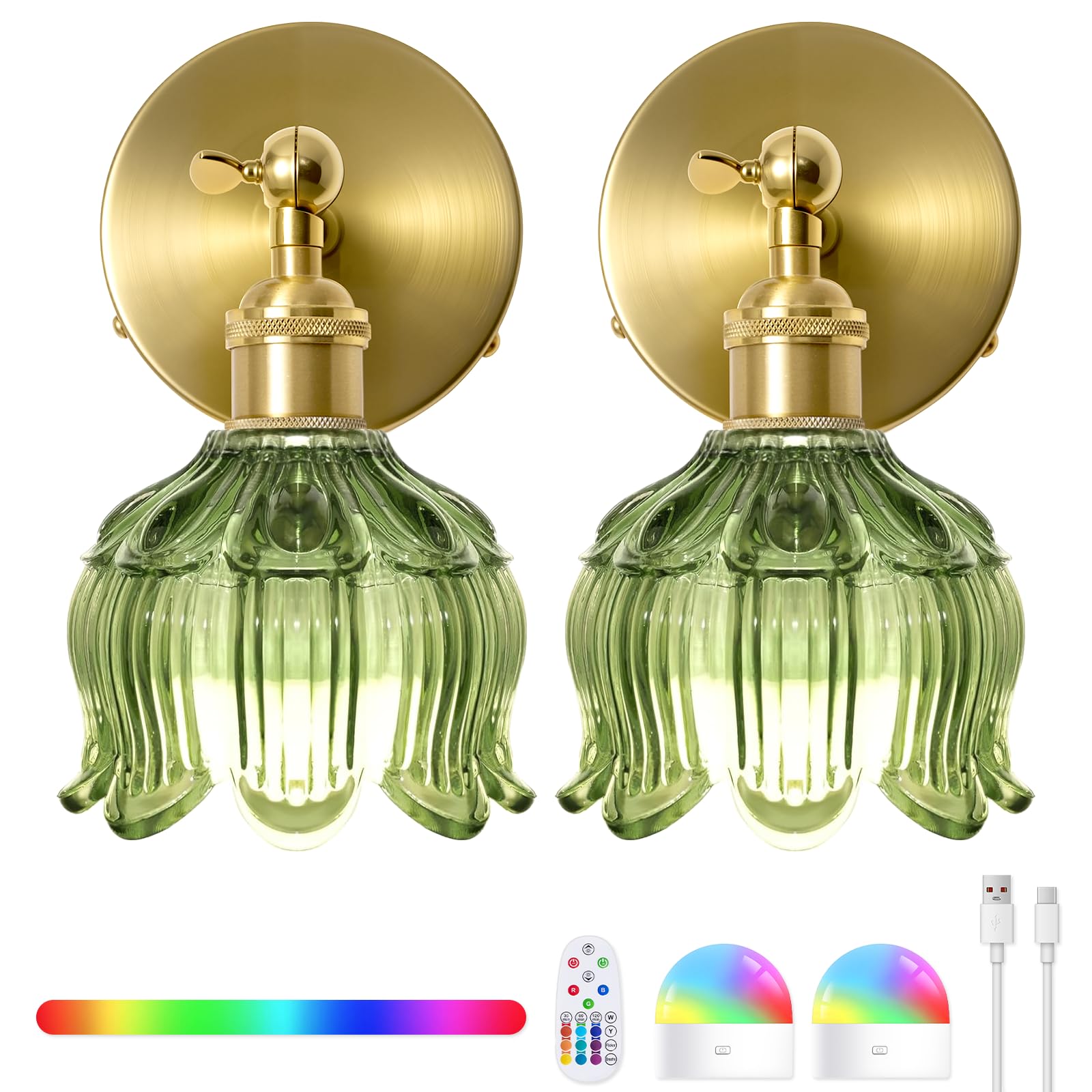 BlesULuk vintage battery sconce set 2 green glass front view for ambient glow