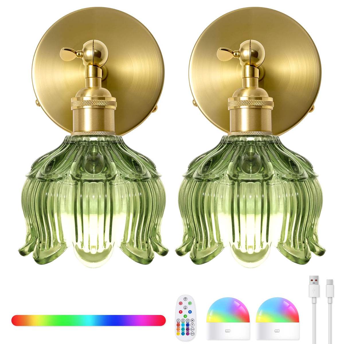 BlesULuk vintage battery sconce set 2 green glass front view for ambient glow
