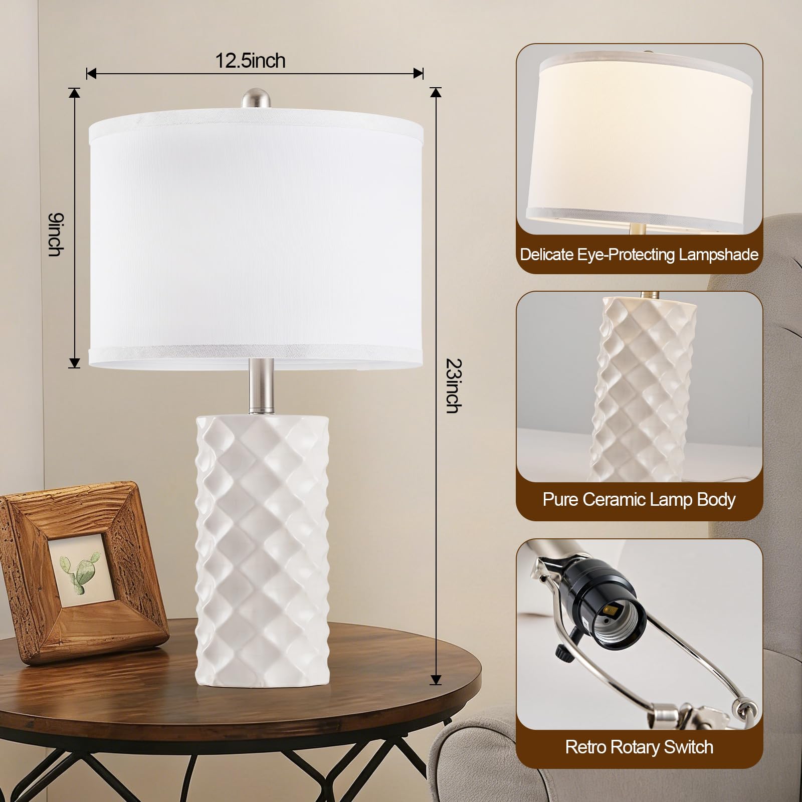 BLHDZJR White linen lampshade complements beige ceramic for soft glow.