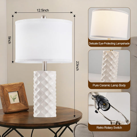 BLHDZJR White linen lampshade complements beige ceramic for soft glow.