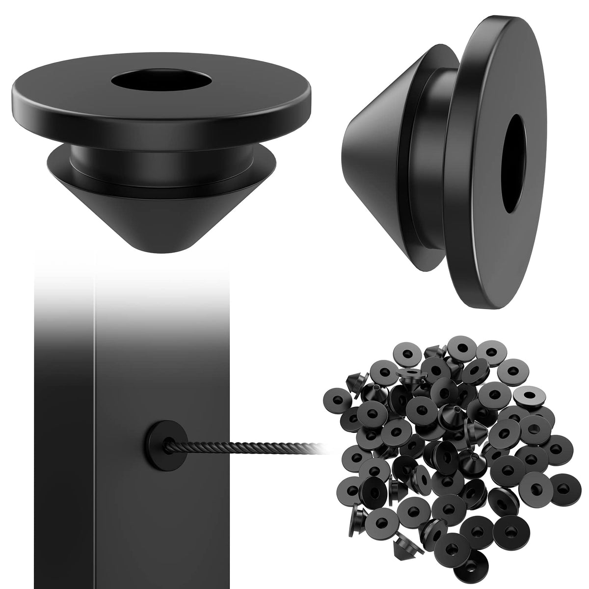 Blika cable grommets 100-pack protect 1/8 inch cables in post holes for corrosion resistance.