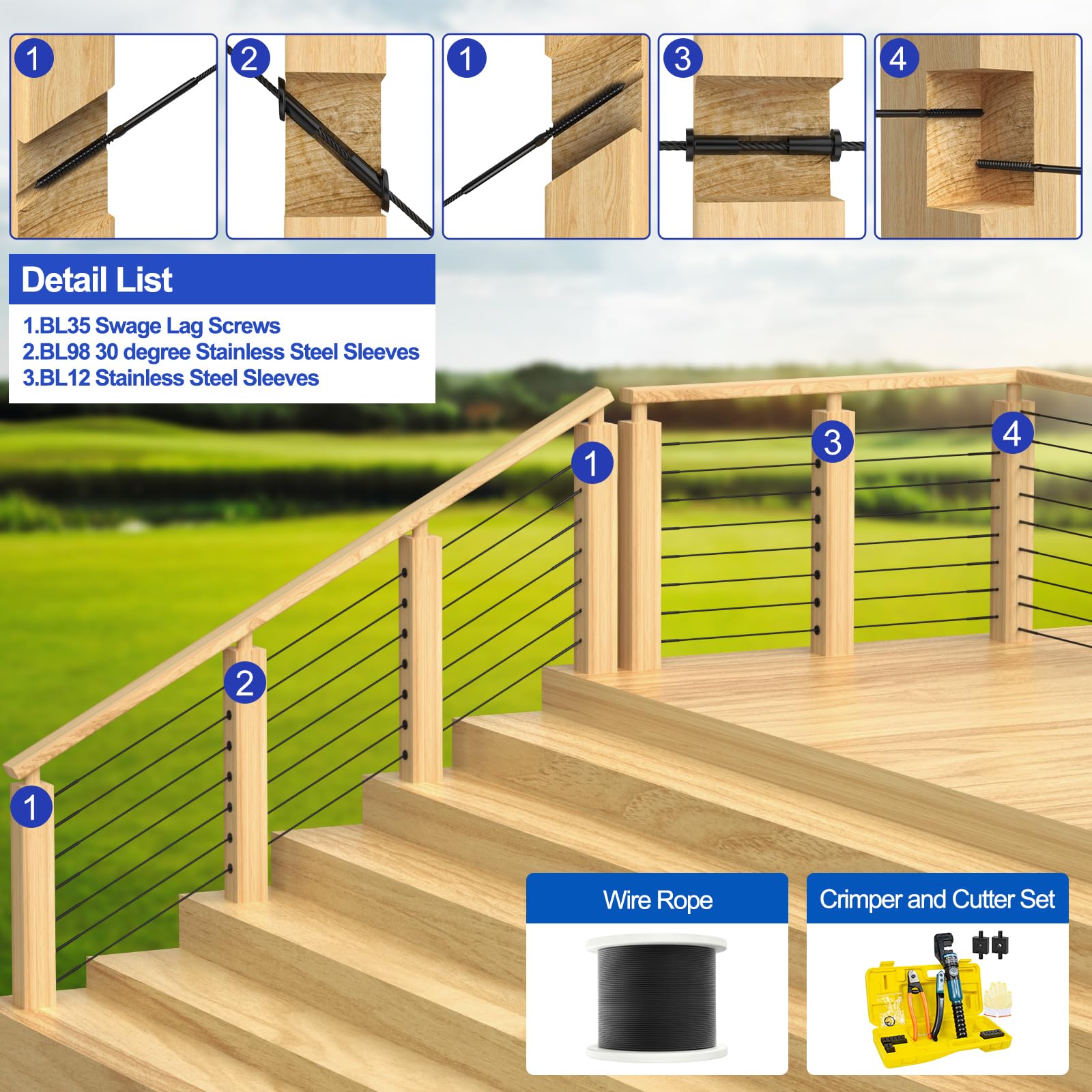 BLIKA deck cable railing kit with wrench for easier tensioning