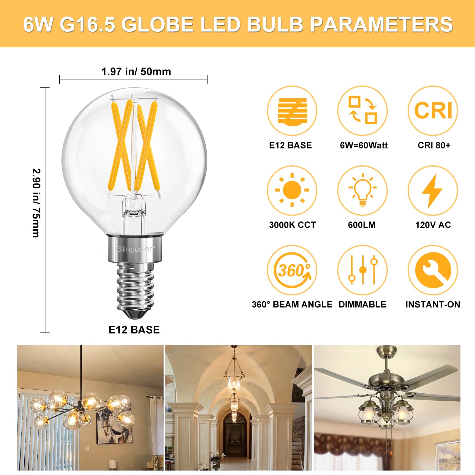 BLINGCOLOR E12 bulbs with 360-degree beam evenly illuminate spaces without dark corners