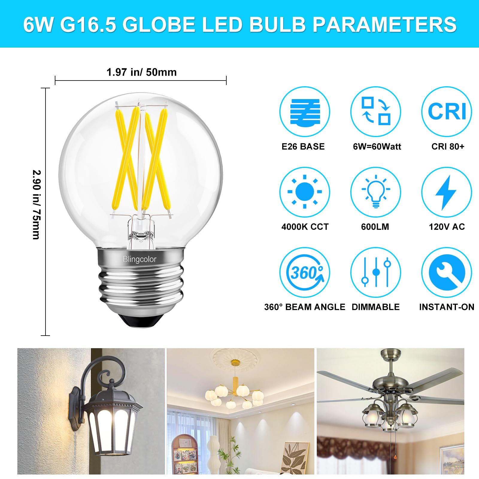BLINGCOLOR G16.5 globe LED bulb for chandelier lighting with 4000K neutral white glow.