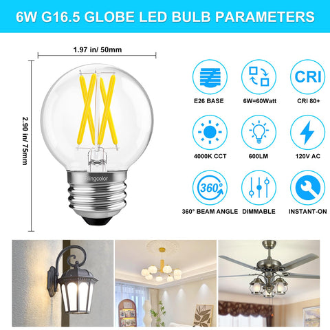 BLINGCOLOR G16.5 globe LED bulb for chandelier lighting with 4000K neutral white glow.