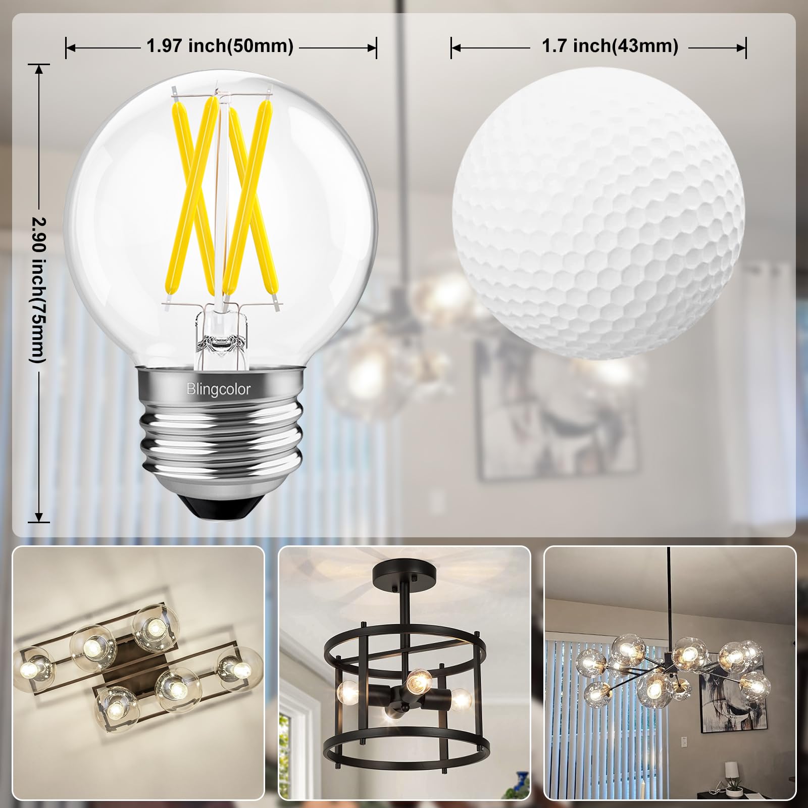 BLINGCOLOR G16.5 globe LED bulb in vanity fixture with steady, flicker-free illumination.