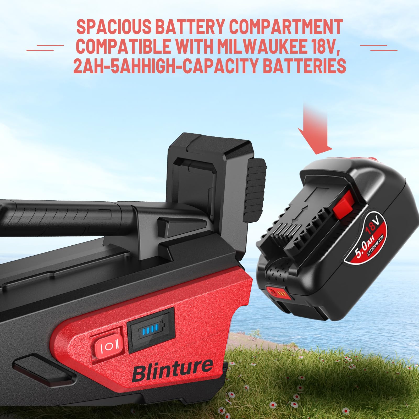 Blinture battery compartment enlarged for 5Ah packs enabling longer operation.